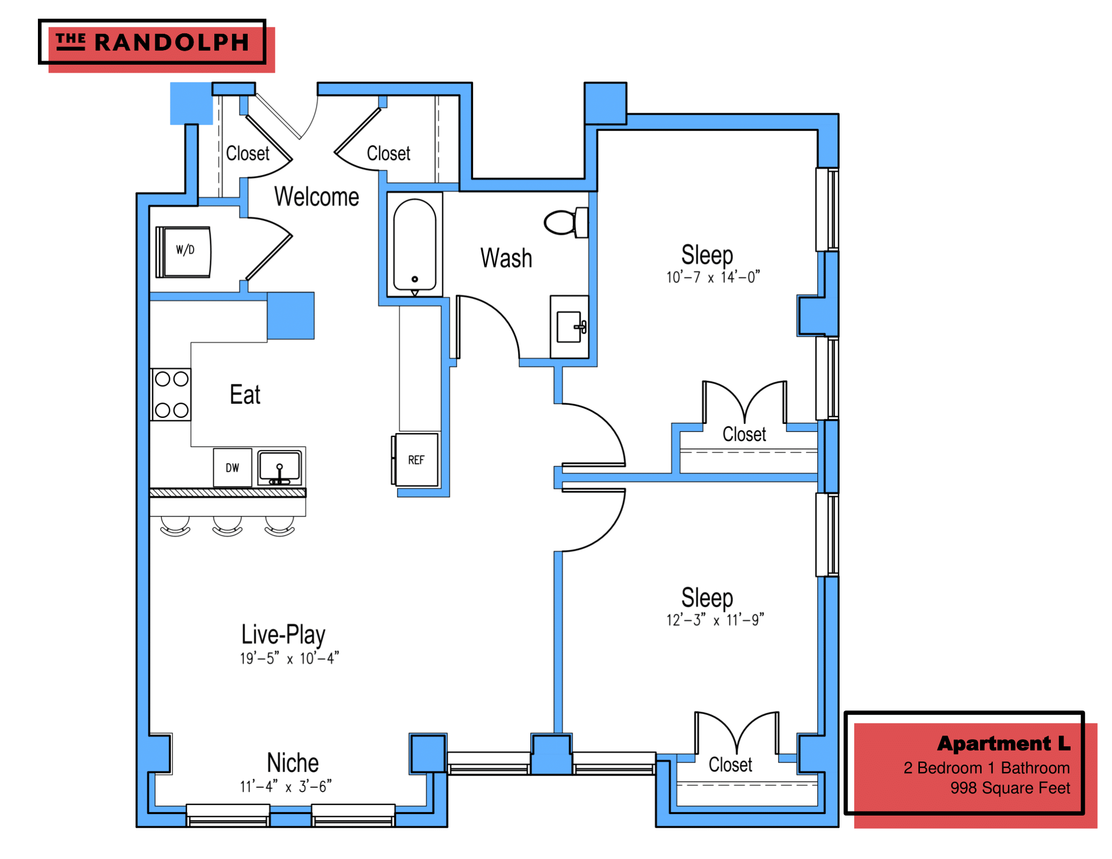 Floor plan for 2 beds, 1 bath, 998 sqft